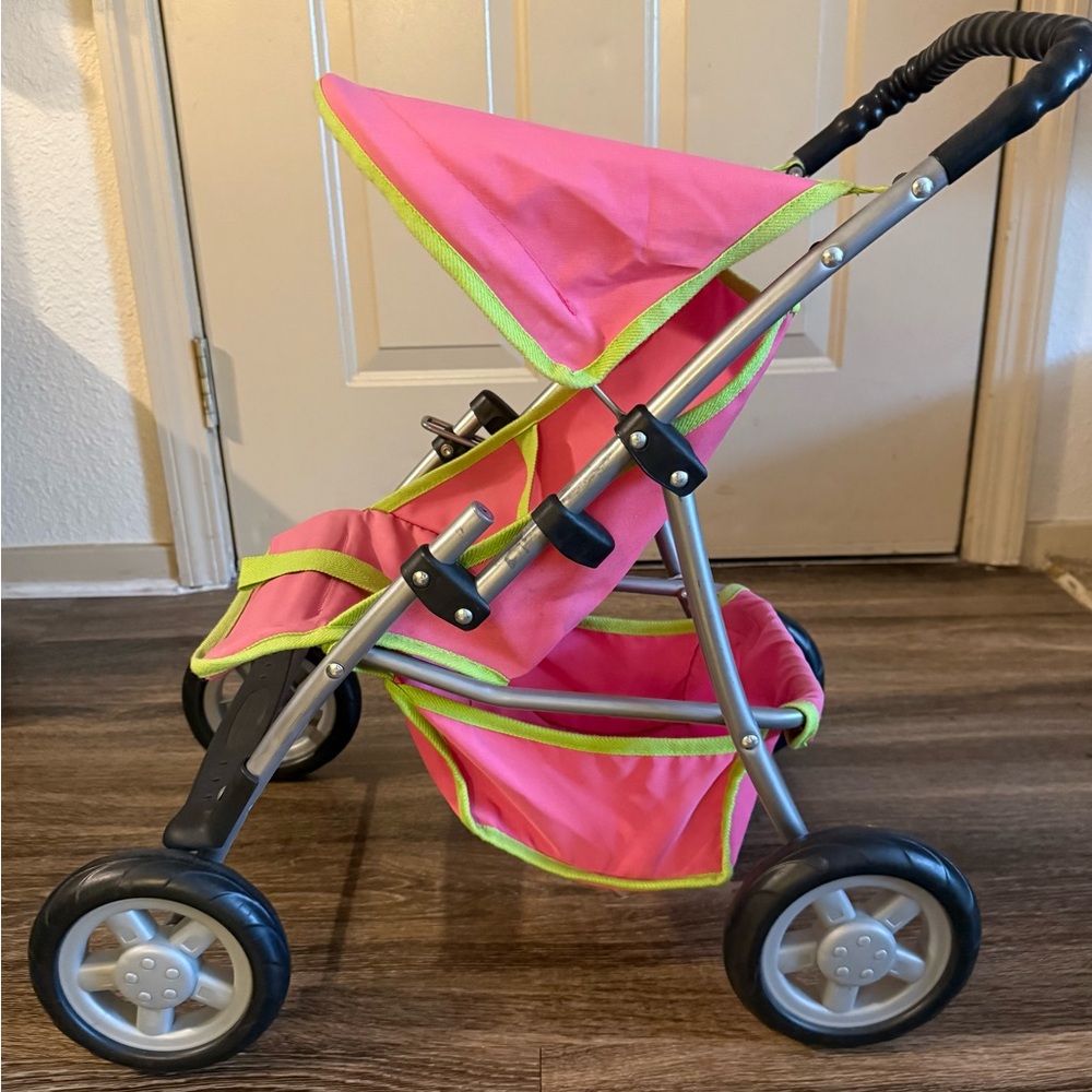 Pottery Barn Kids Pink and Green Doll Stroller with Collapsible Canopy